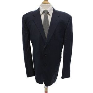 Hickey Freeman Mens Textured Lined Pleated Button Stripe Blazer Navy Blue Size E
